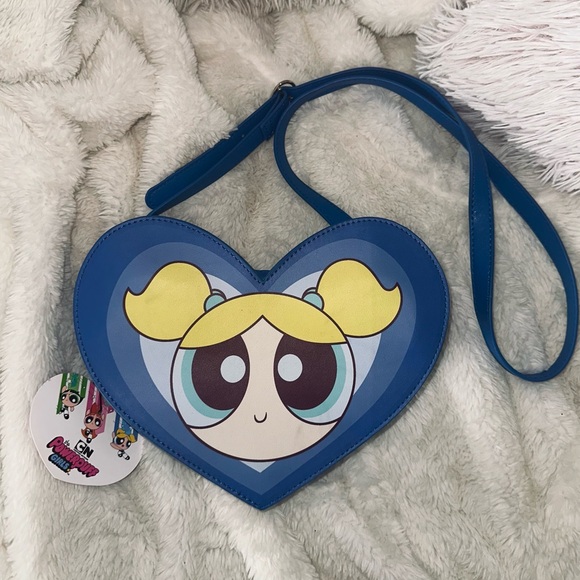 Dolls Kill Handbags - Rare Powerpuff Girls Bubbles Heart Shaped Blue Crossbody Bag/ Purse